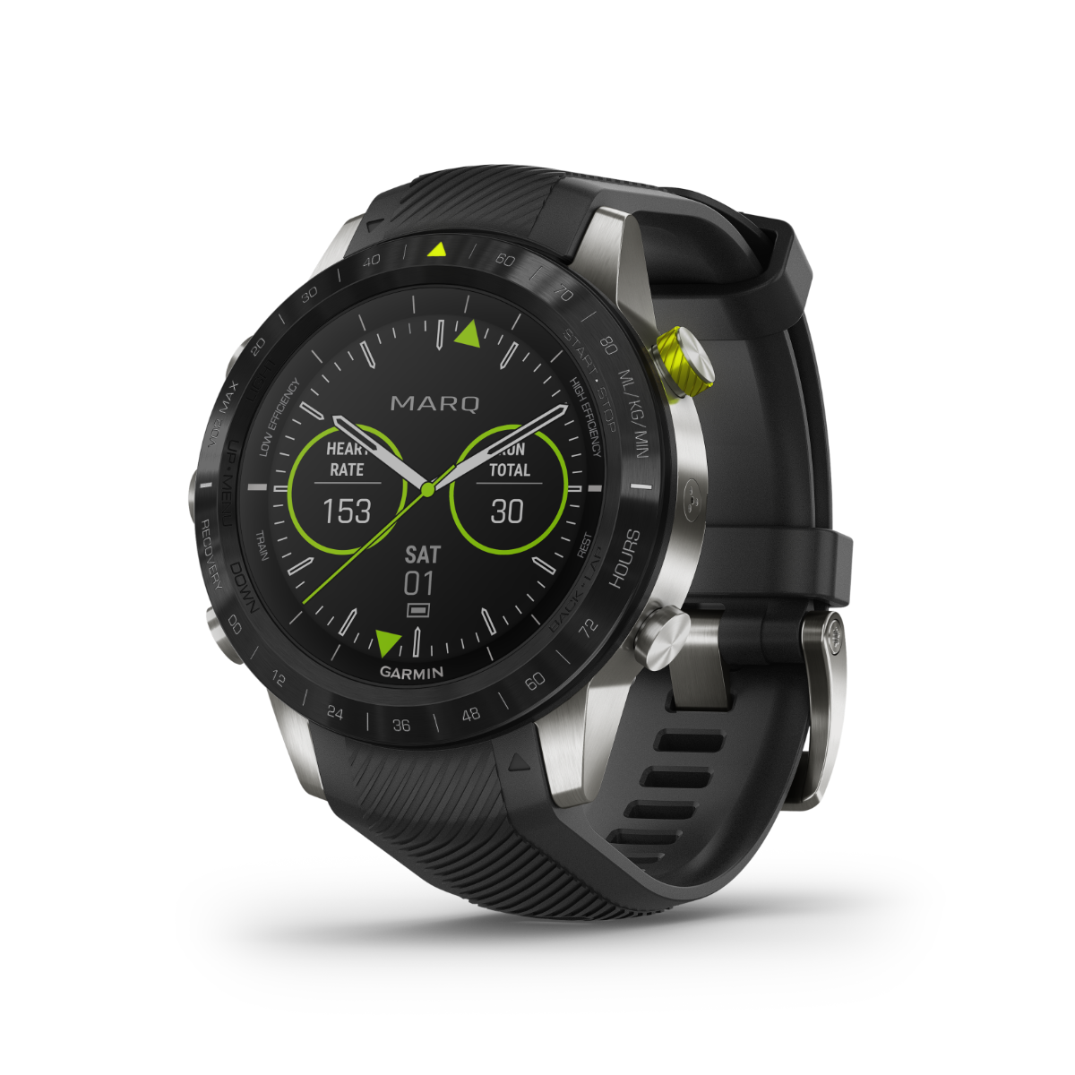 Garmin MARQ Athlete smartwatch, men's luxury GPS, refurbished, black strap with stainless steel case and green accents