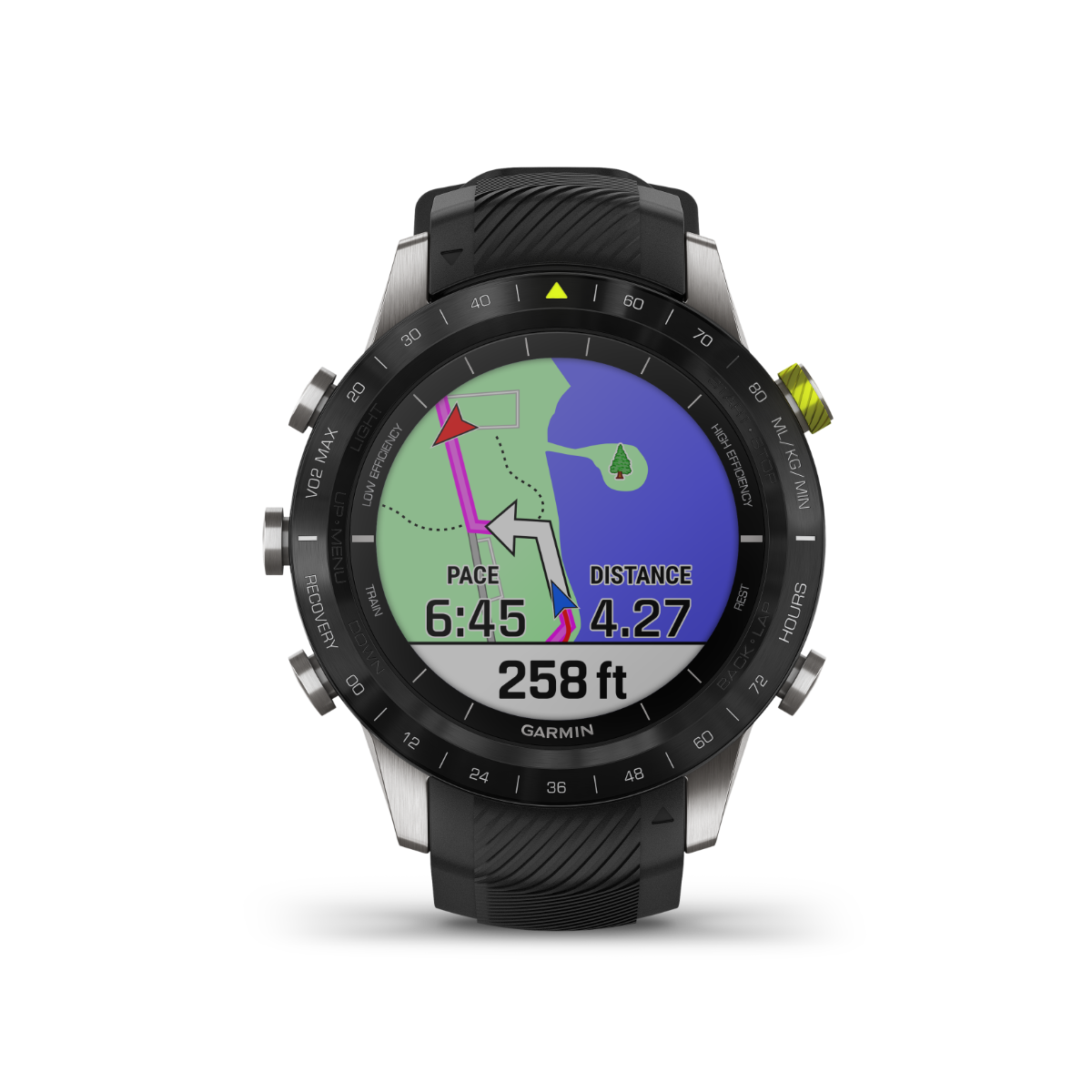 Garmin MARQ Athlete refurbished smartwatch with black strap, stainless bezel, map display.