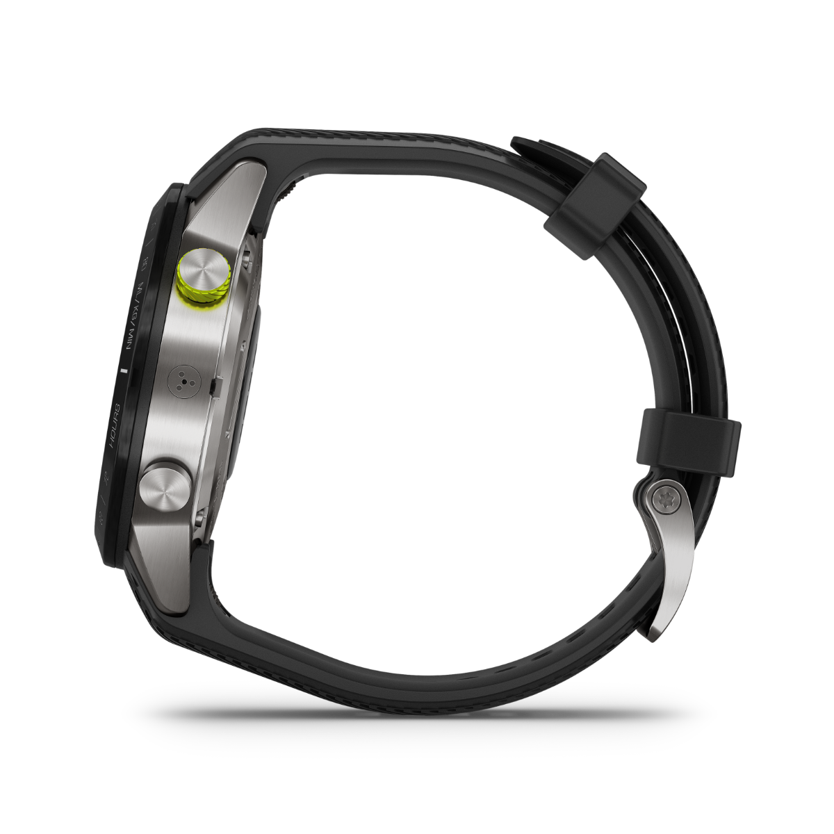 Garmin MARQ Athlete luxury GPS smartwatch with stainless steel case, lime-green crown, and black band, refurbished.