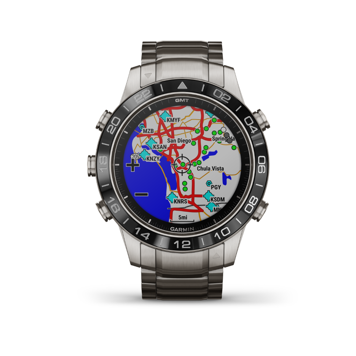 Garmin MARQ Aviator luxury GPS smartwatch with stainless steel bracelet and aviation map display