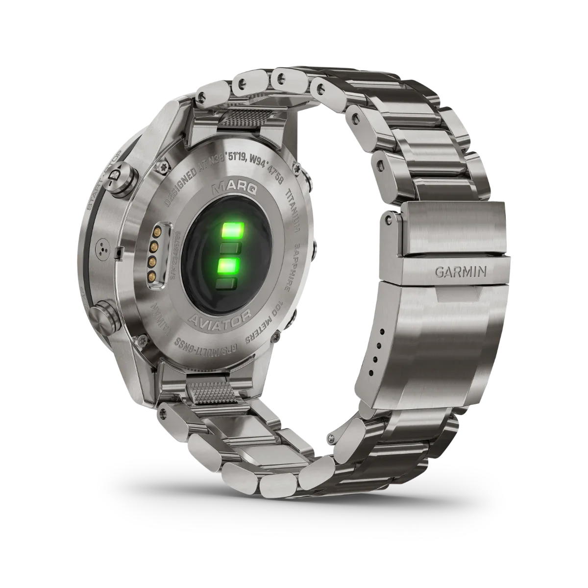 Garmin MARQ Aviator luxury GPS smartwatch with titanium case and stainless-steel bracelet.