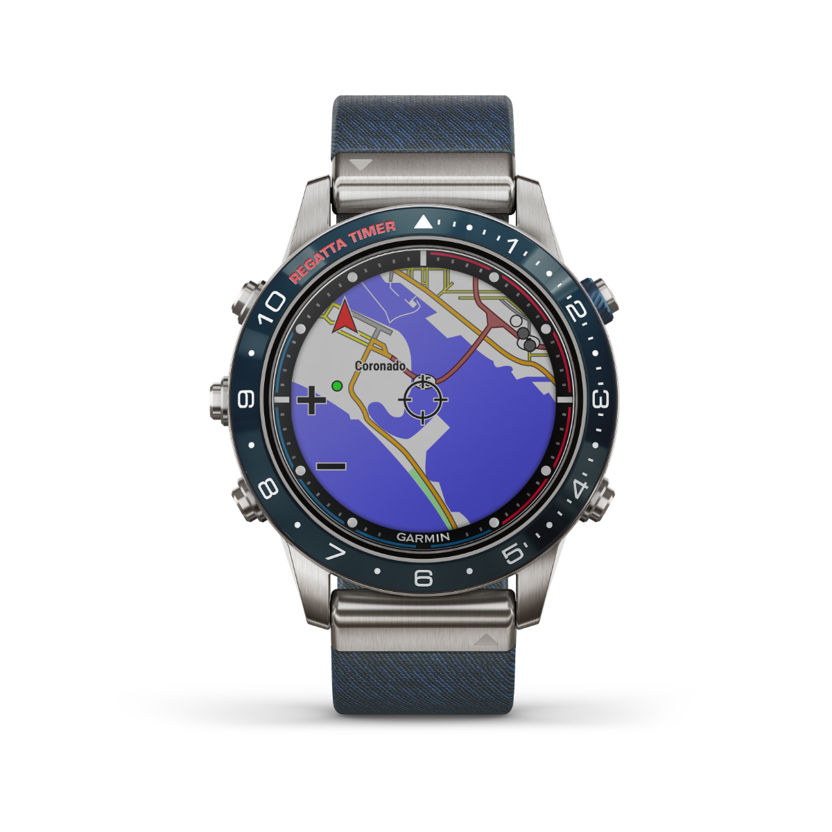 Garmin MARQ Captain smartwatch with stainless steel case and blue strap, showing an interactive map display.