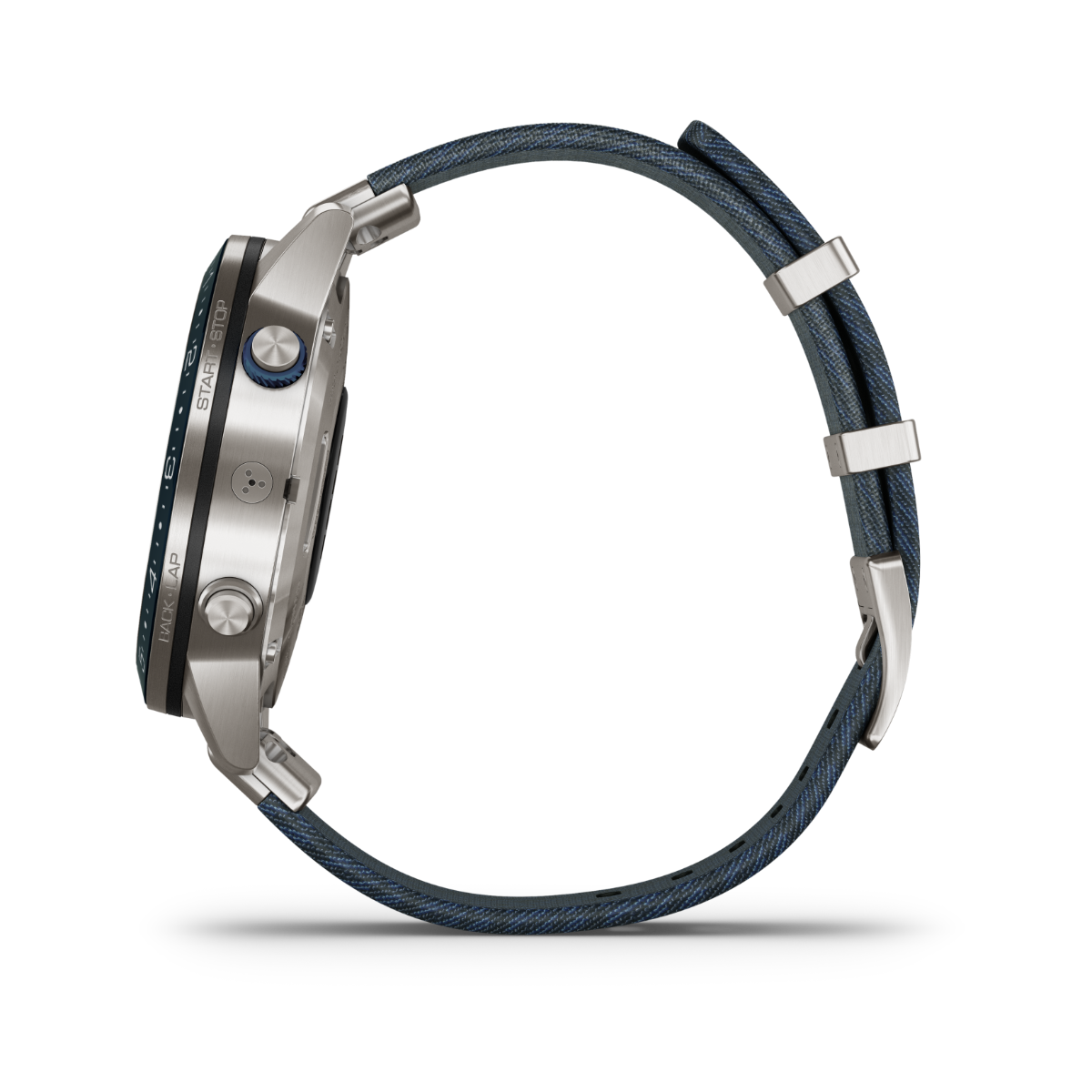 Garmin MARQ Captain men's luxury GPS smartwatch with stainless steel case and blue fabric strap