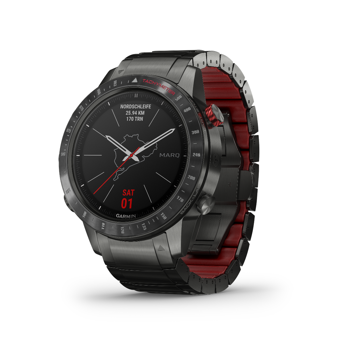 Garmin Marq Driver men's luxury GPS smartwatch with black stainless steel case and red-accent bracelet