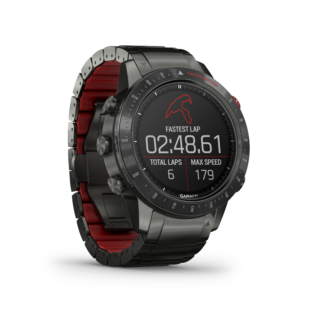 Garmin Marq Driver smartwatch, men's luxury GPS smartwatch with black metal case and red-accent band