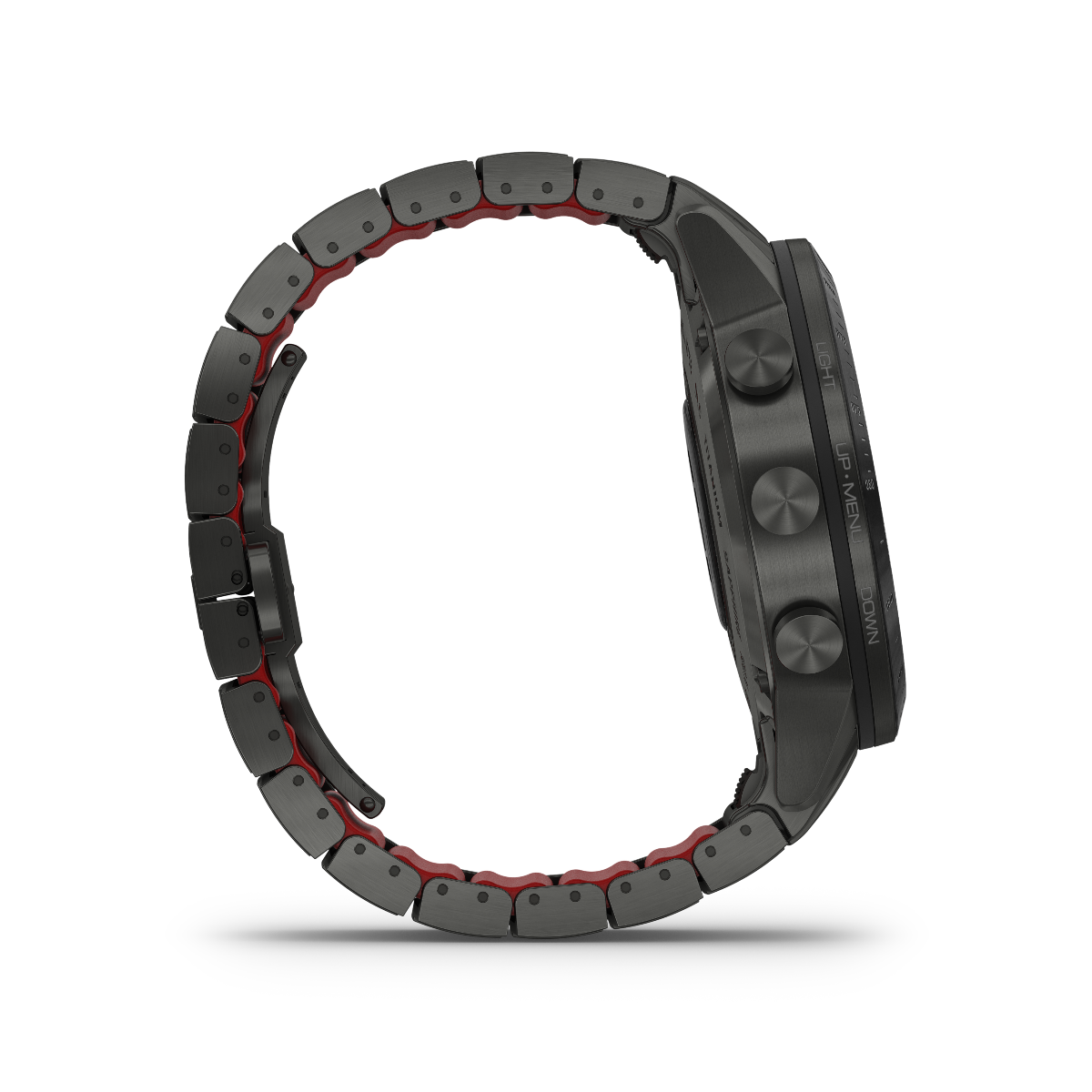 Garmin Marq Driver men's luxury GPS smartwatch with dark metal bracelet and red inner links
