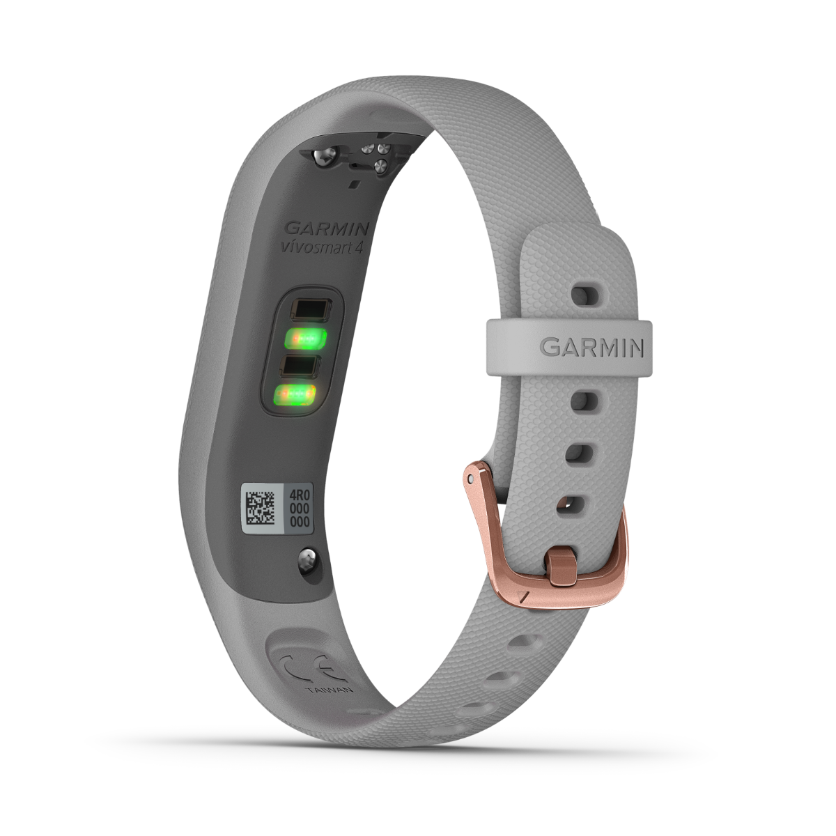 Garmin Vivosmart 4 activity monitor with rose-gold hardware and light gray band