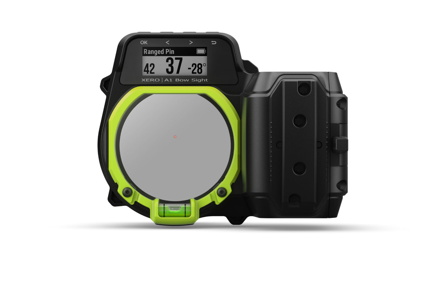 Garmin Xero A1 left-handed bow sight with neon-green ring and digital display