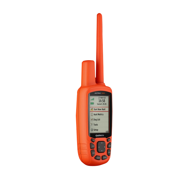Garmin Astro 900 handheld dog tracking device with orange housing and long antenna