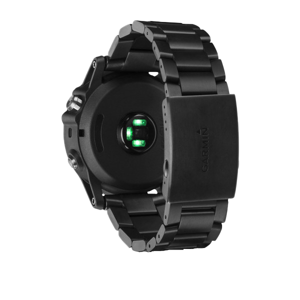 Garmin D2 Bravo Titanium GPS aviation smartwatch back view with black titanium band and green optical heart-rate sensor