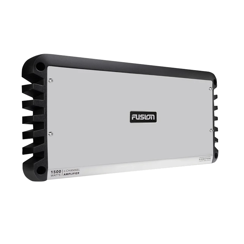 Garmin Fusion Signature Series marine amplifier, silver enclosure with black cooling fins, 6-channel 1500W