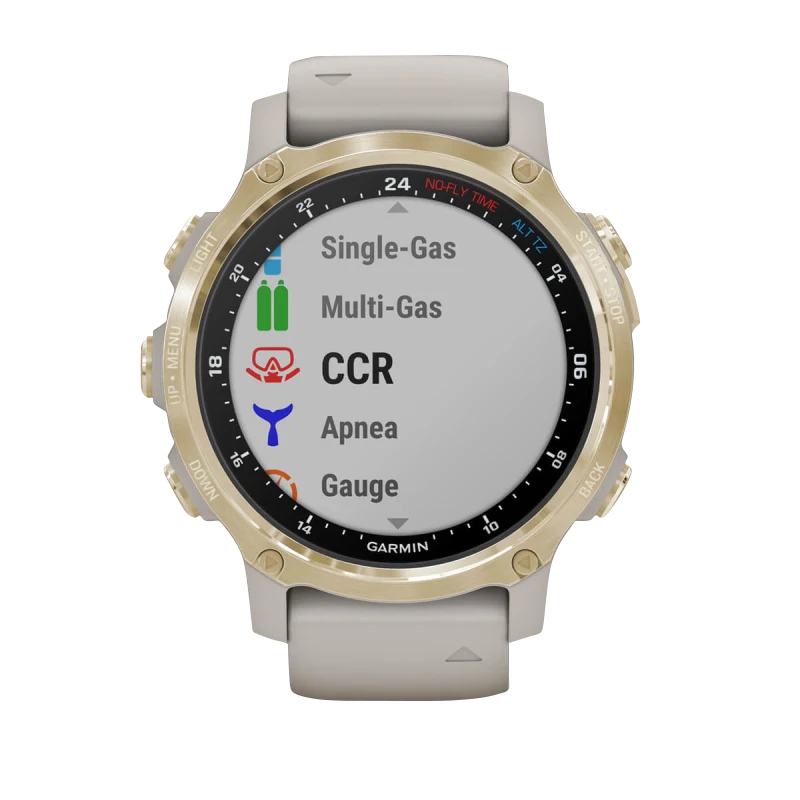 Garmin Descent Mk2S dive computer with light gold bezel and light sand silicone band, certified refurbished.
