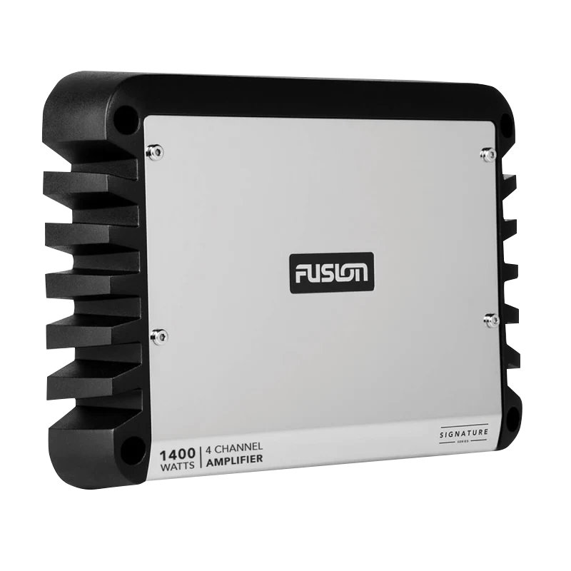 Garmin Fusion Signature Series monoblock marine amplifier with silver chassis and black heatsink fins