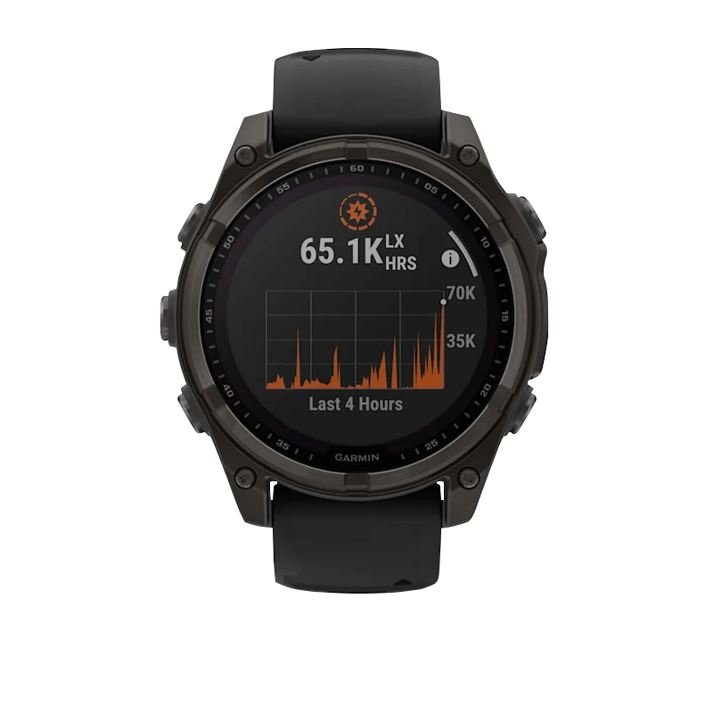 Garmin Fenix 8 smartwatch, 47 mm, Solar Sapphire, carbon gray DLC titanium case with black silicone band.