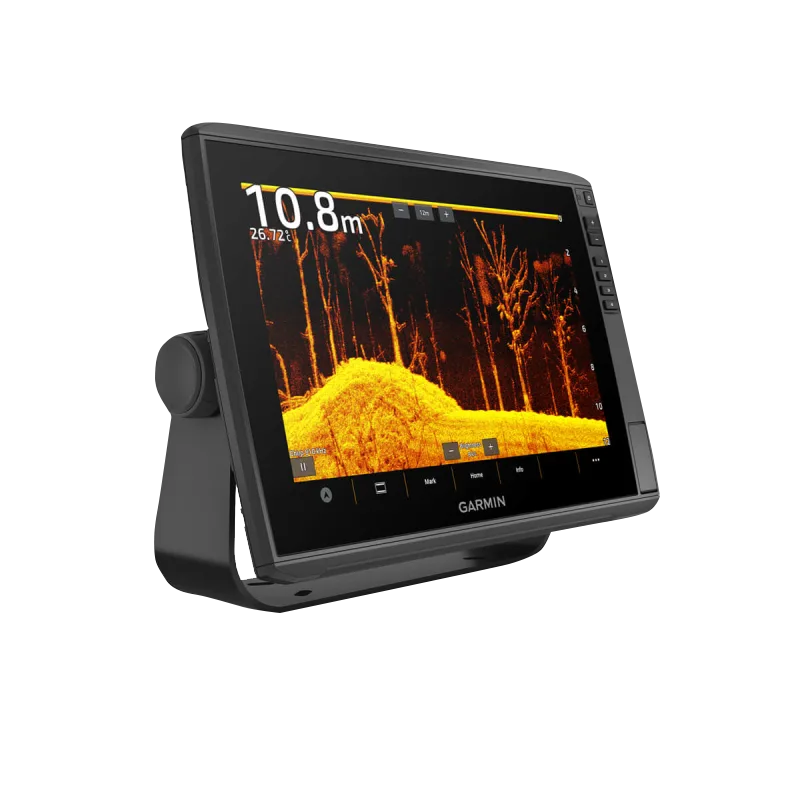 Garmin ECHOMAP Ultra 2 12-inch chartplotter in black on a stand