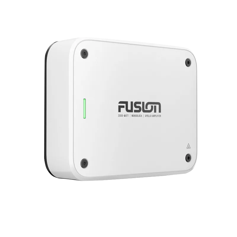 Garmin Fusion Apollo Marine 4-channel amplifier, white enclosure with green LED, 150W RMS per channel.