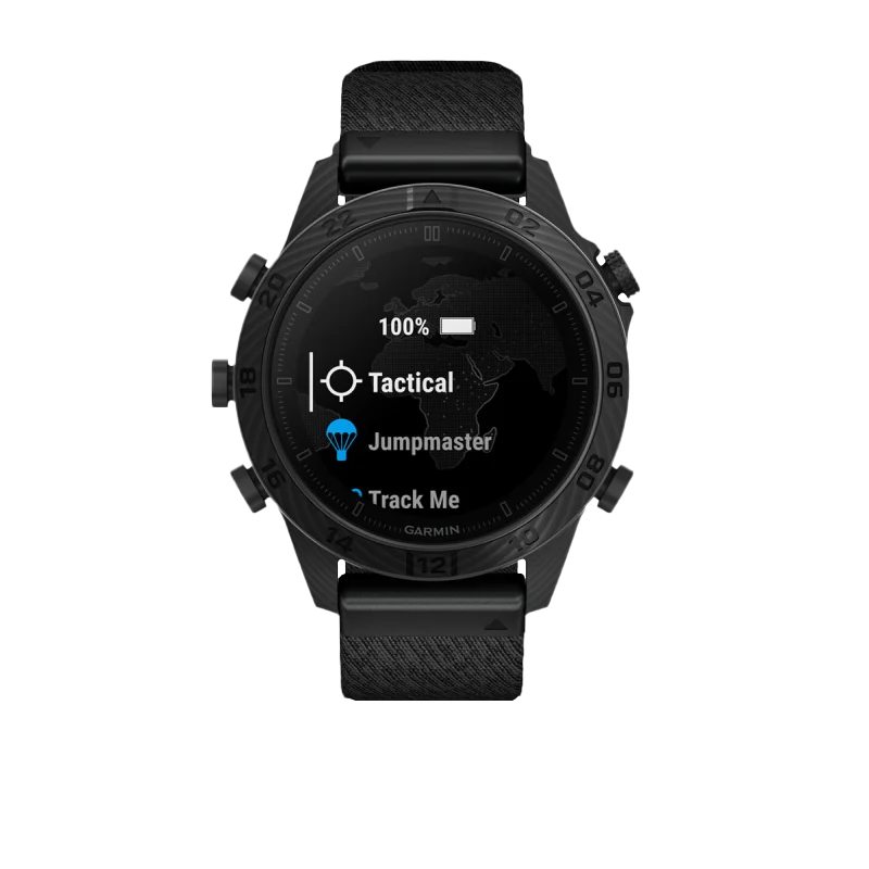 Garmin MARQ Commander Gen 2 Carbon Edition smartwatch with black bezel and fabric strap