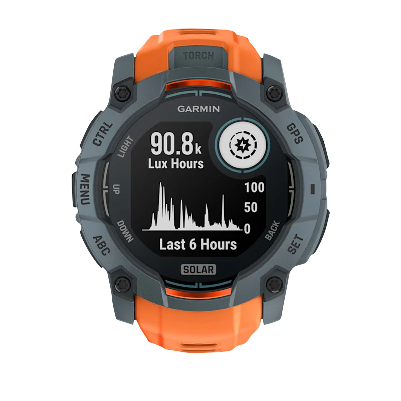 Garmin Instinct 3 Solar smartwatch, 50mm Twilight with Solstice Band, orange strap