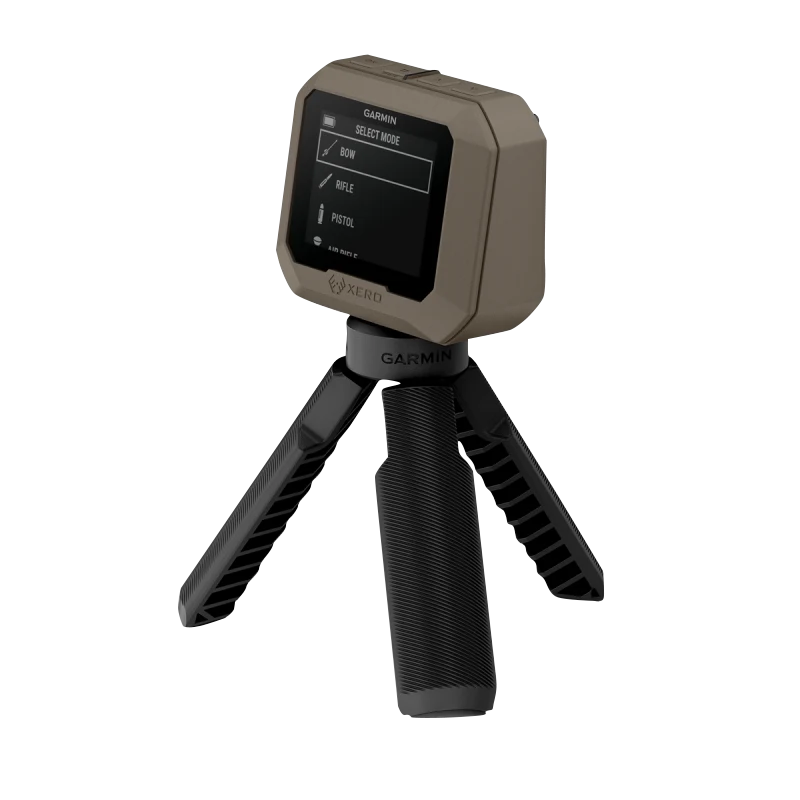 Garmin Xero C1 Pro firearm and archery chronograph on a tripod, tan finish