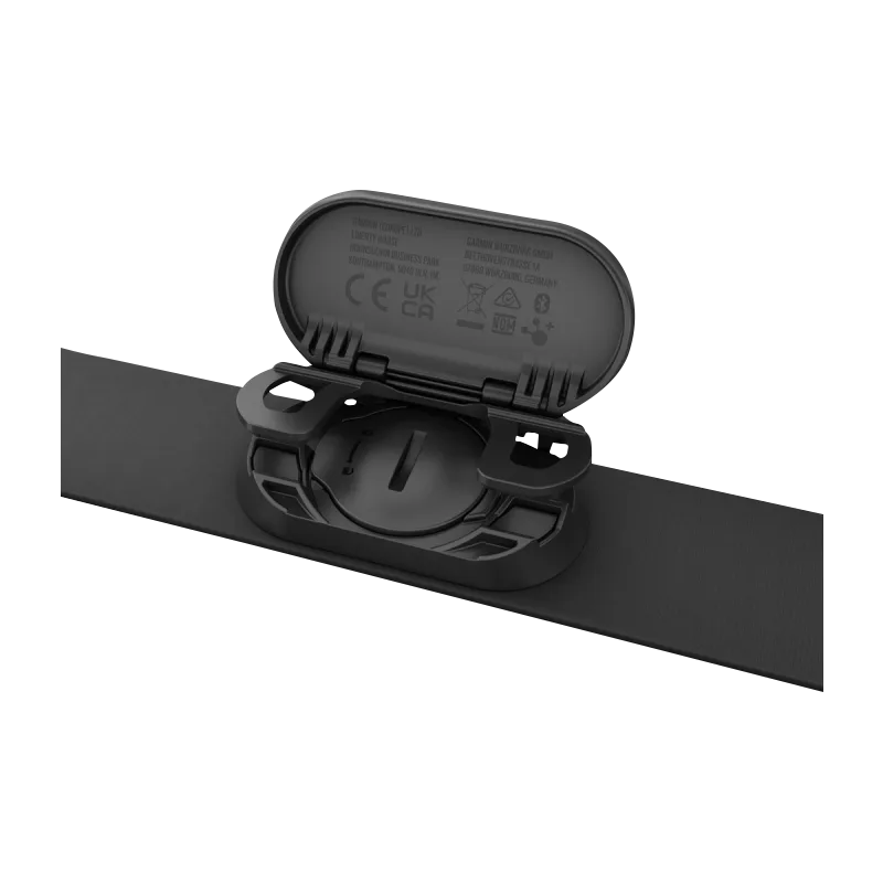 Garmin HRM-Fit heart rate monitor on a black strap; model 010-13314-00, compact Garmin ECG wearable for fitness.