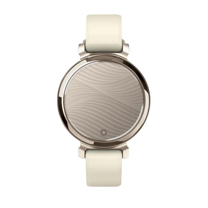 Garmin Lily 2 smart watch, cream gold round case with coconut silicone band, certified refurbished, everyday wear