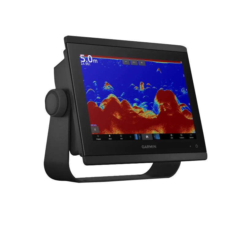 Garmin GPSMAP 8410xsv marine chartplotter with worldwide basemap, black display on stand