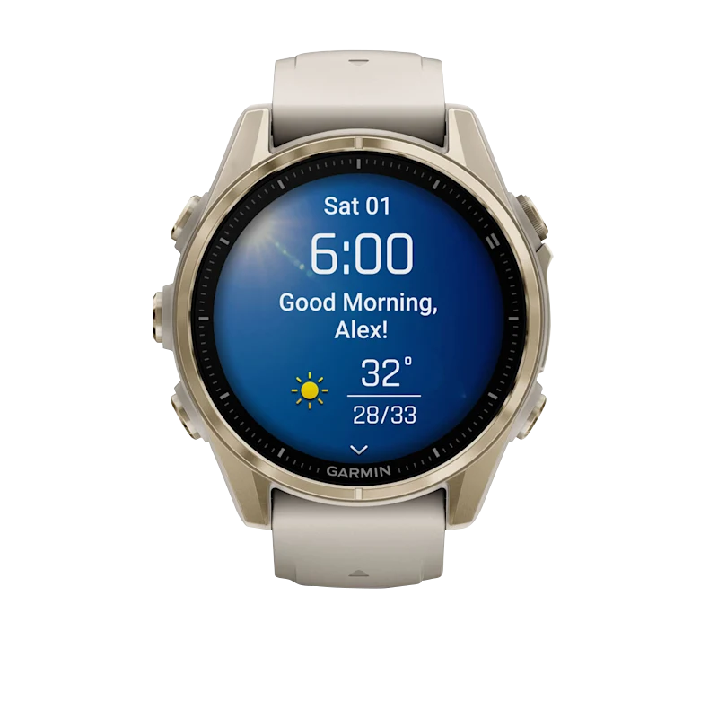 Garmin Fenix 8, 43 mm AMOLED Sapphire, Soft Gold with Fog Gray/Dark Sandstone Silicone Band (010-02903-10) by Garmin