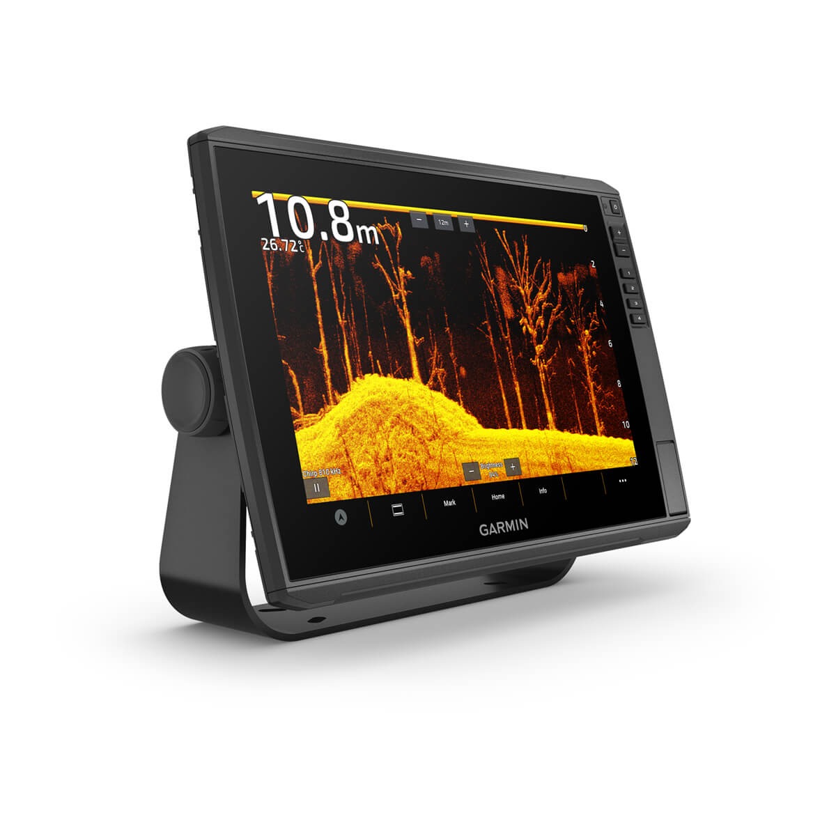 Garmin ECHOMAP Ultra 12-inch chartplotter on a mounting stand with GT56UHD-TM transducer