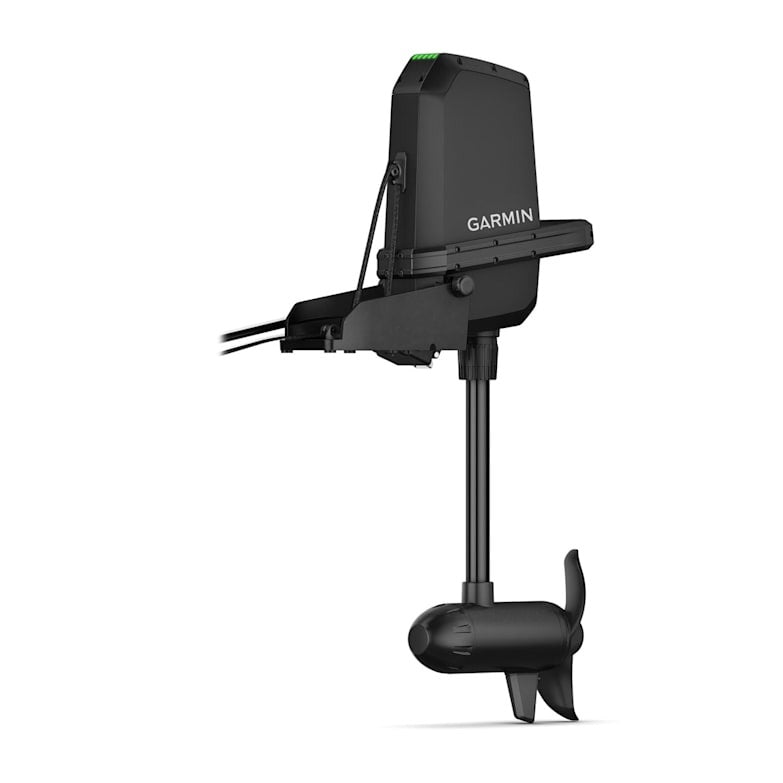 Garmin Force kayak trolling motor; black marine motor with shaft and propeller