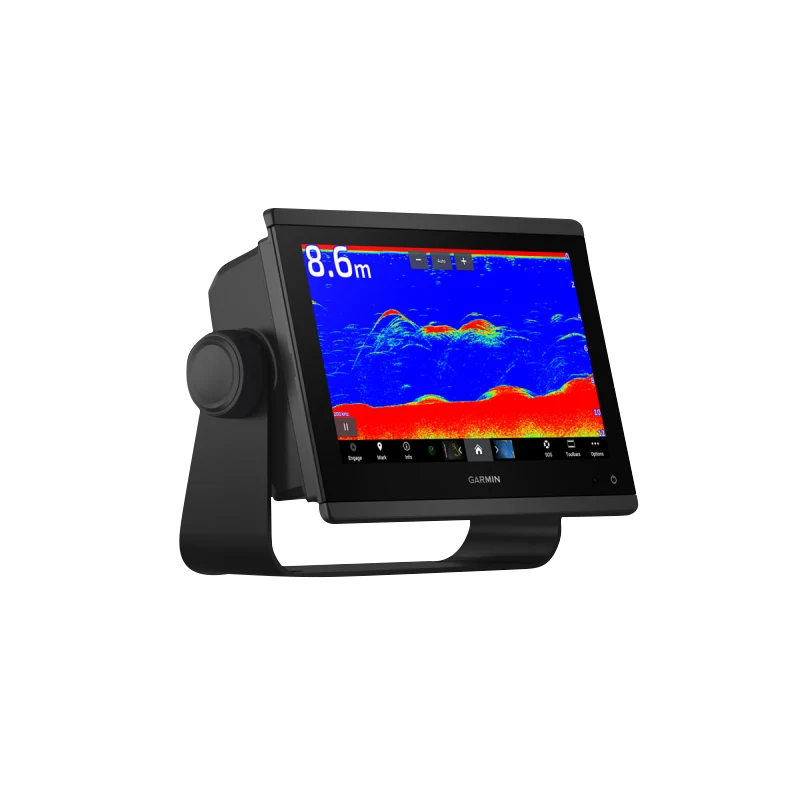 Garmin GPSMAP 923xsv marine chartplotter with SideVü and ClearVü sonar on a black mounting stand