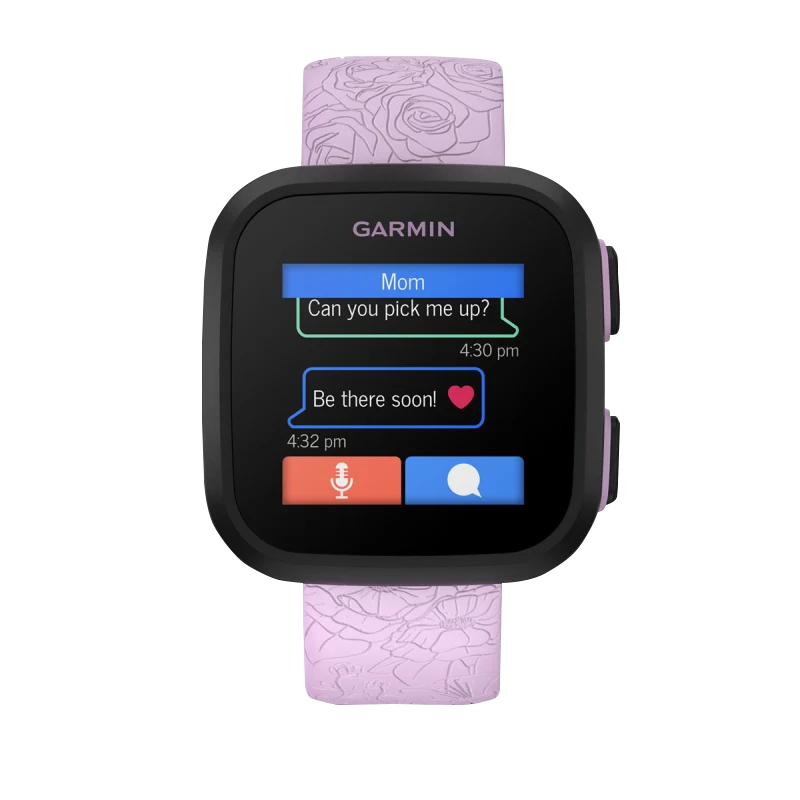 Garmin Bounce Lilac Floral smartwatch with lilac floral strap and black bezel