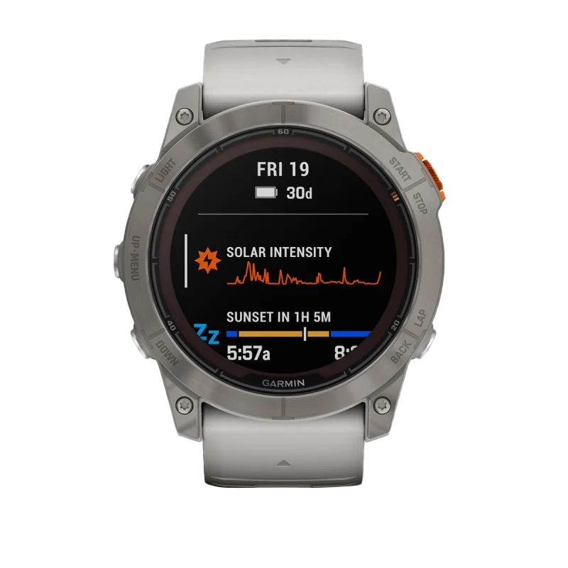 Garmin Fenix 7X Pro Sapphire Solar Titanium smart watch with fog gray/ember orange band (010-02778-14)