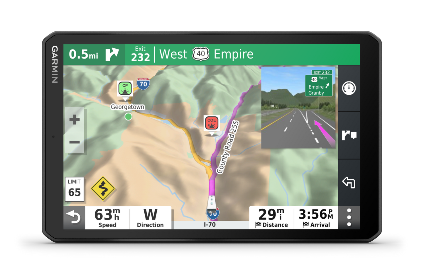 Garmin RV 890 GPS navigation unit with a 3D map display, highway signs, and route data
