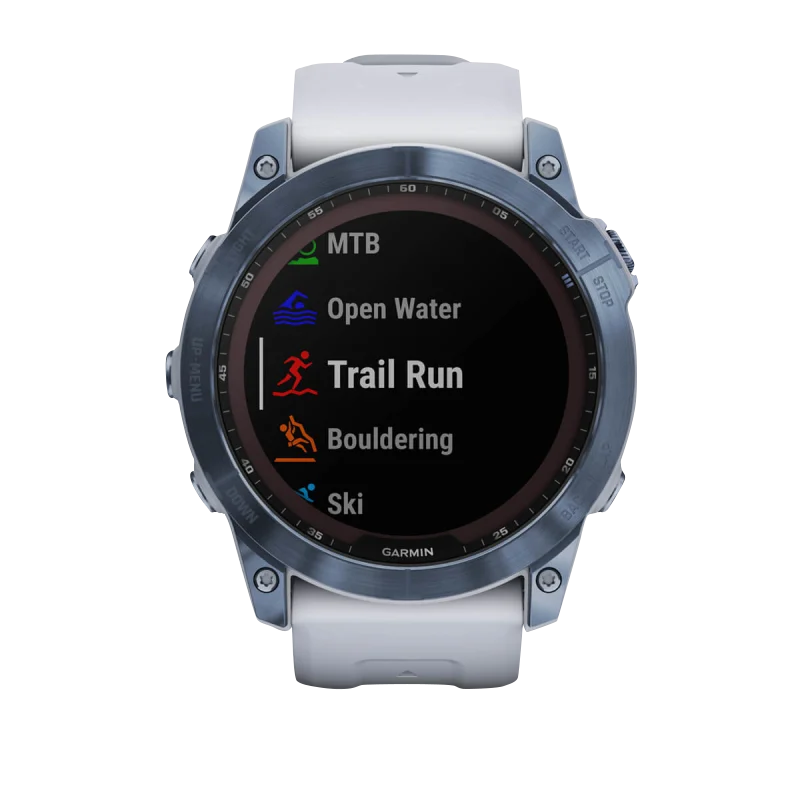 Garmin Fenix 7X smartwatch, Sapphire Solar, Mineral Blue Titanium with Whitestone Band, refurbished