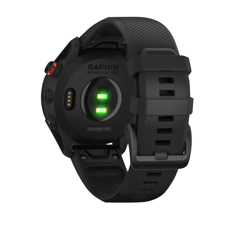 Garmin Approach S62 smartwatch with black ceramic bezel and black silicone band, certified refurbished