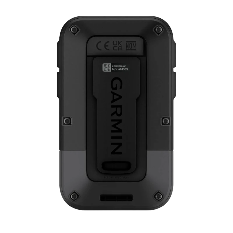 Garmin eTrex Solar Powered GPS handheld navigator back view, black rugged housing with Garmin logo