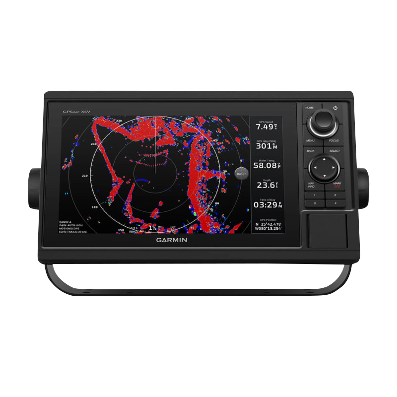 Garmin GPSMAP 1042xsv marine chartplotter with GT52HW-TM transducer; black unit with large display and right-side keypad.
