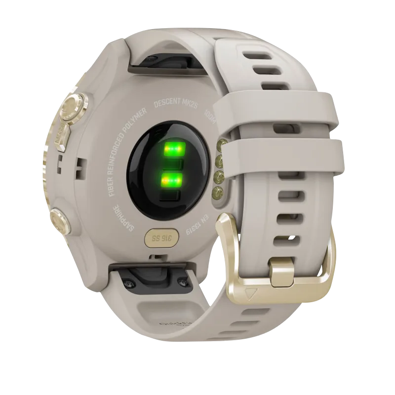 Garmin Descent Mk2S dive computer with light gold case and light sand silicone band, certified refurbished