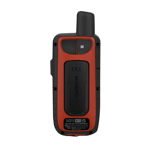 Garmin GPSMAP 67 handheld GPS device in orange and black, back view