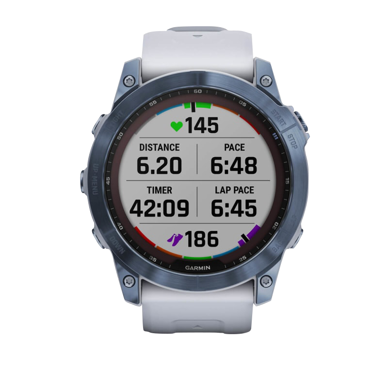 Garmin Fenix 7X Sapphire Solar smartwatch with Mineral Blue Titanium bezel and white Whitestone band, refurbished