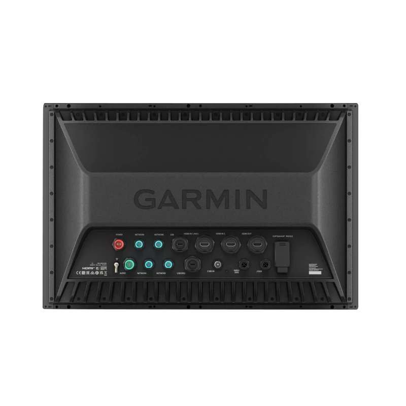 Garmin GPSMAP 9022 Premium chartplotter, black back panel with ports and Garmin logo