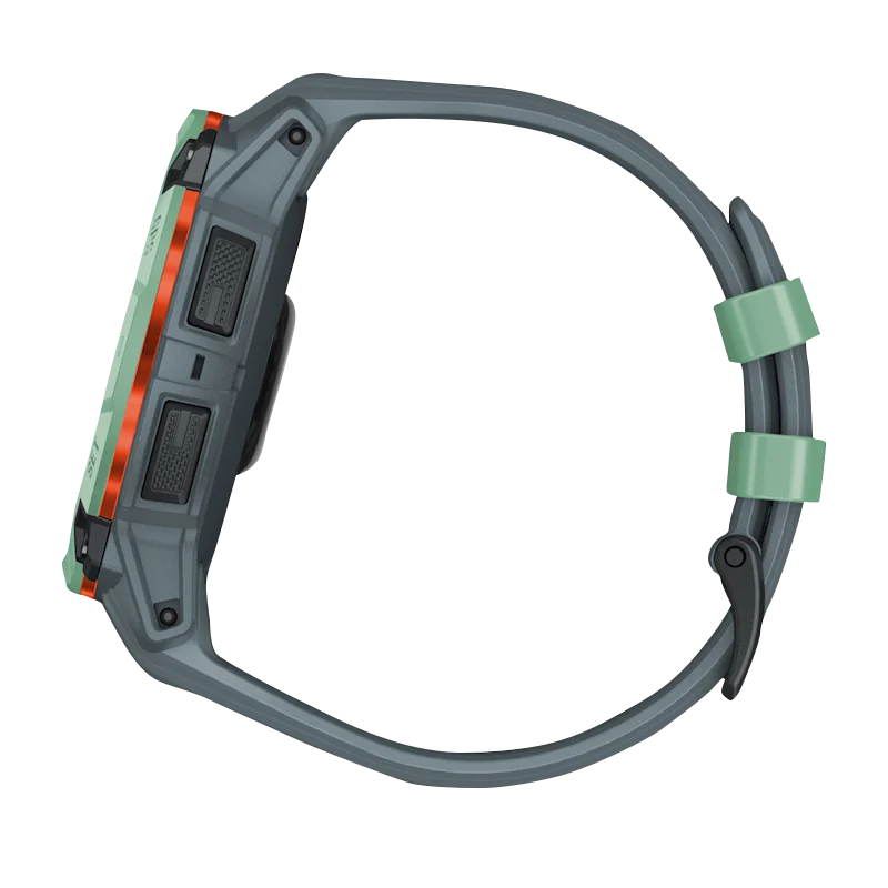 Garmin Instinct 3 AMOLED smartwatch, 50mm Neo Tropic with Twilight Band, gray case.