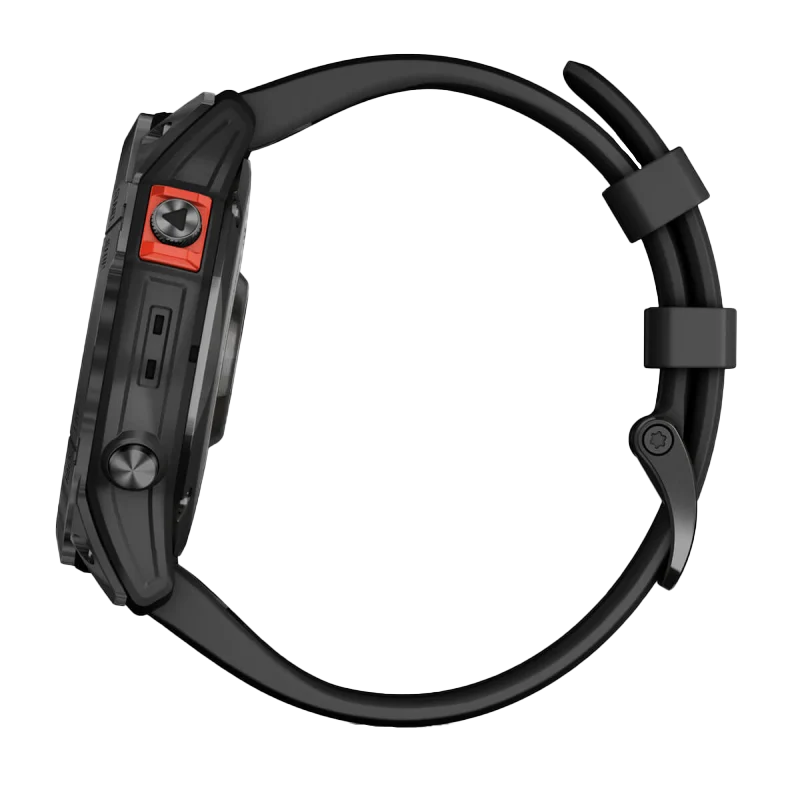 Garmin Fenix 7X Solar smartwatch, slate-gray case with black band; certified refurbished.