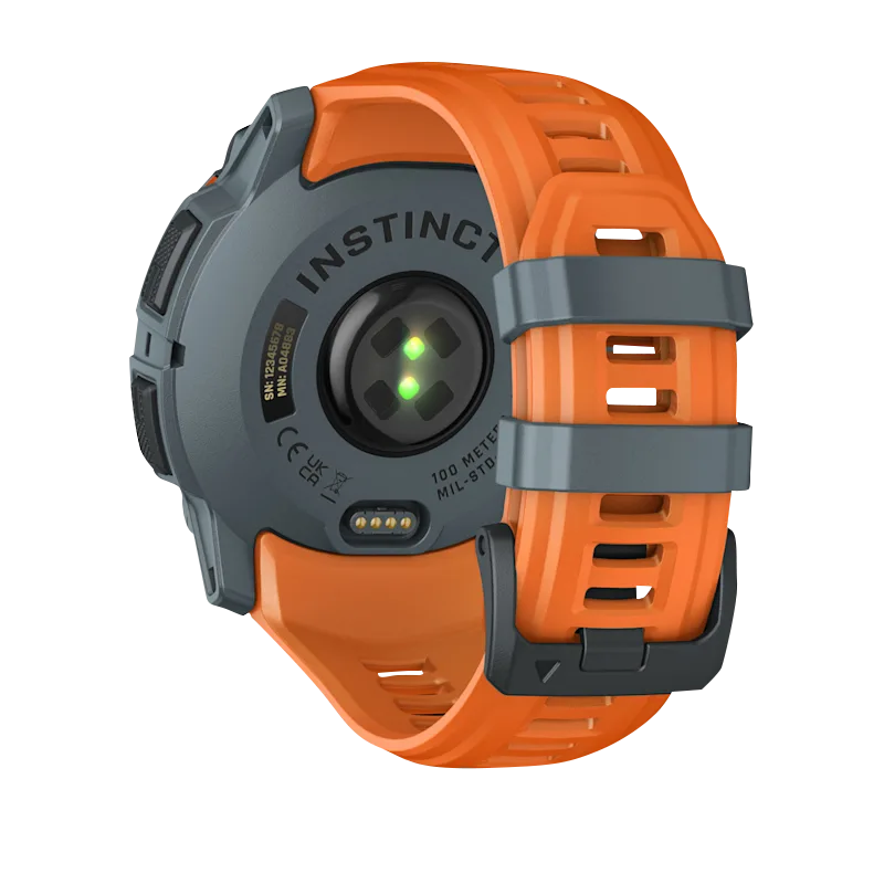 Garmin Instinct 3 Solar smartwatch, Twilight body with orange Solstice band, back view