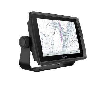 Garmin ECHOMAP Ultra 102sv marine chartplotter on a black mounting bracket, screen displaying nautical chart