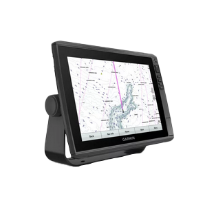 Garmin ECHOMAP Ultra 122sv marine chartplotter with black bezel on a tilt mount displaying a nautical map