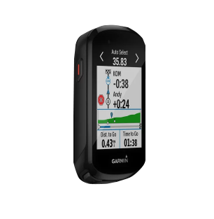 Garmin Edge 830 bike computer, black handheld cycling GPS with color map display.