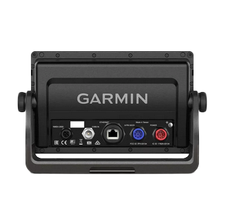 Garmin GPSMAP 722xs marine chartplotter back panel in black with connection ports and Garmin branding.