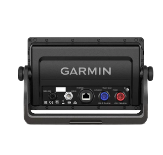 Garmin GPSMAP 742xs marine chartplotter back view, black housing with Garmin logo and ports