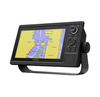 Garmin GPSMAP 1022xsv marine chartplotter, black unit with color nautical map on screen